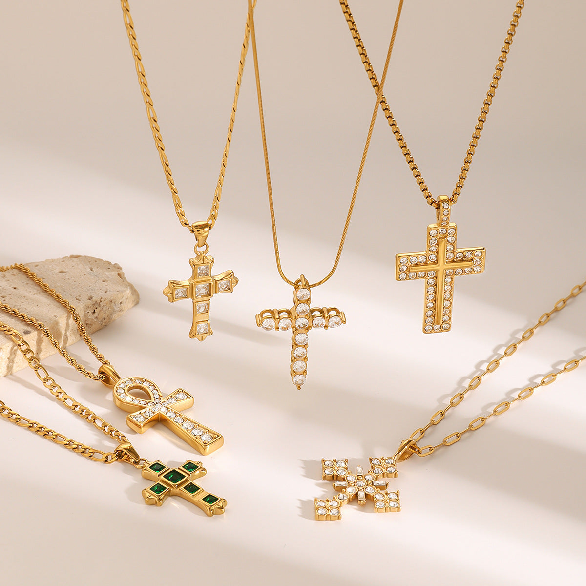 Gold Cross Necklace Set - Multi-Style Vintage Religious Statement Necklaces with Gemstones & CZ for Women