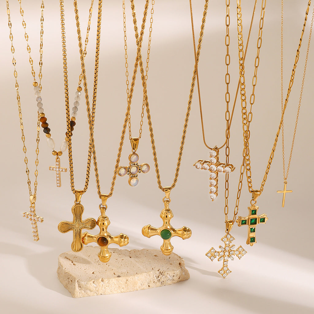 Gold Cross Necklace Set - Multi-Style Vintage Religious Statement Necklaces with Gemstones & CZ for Women