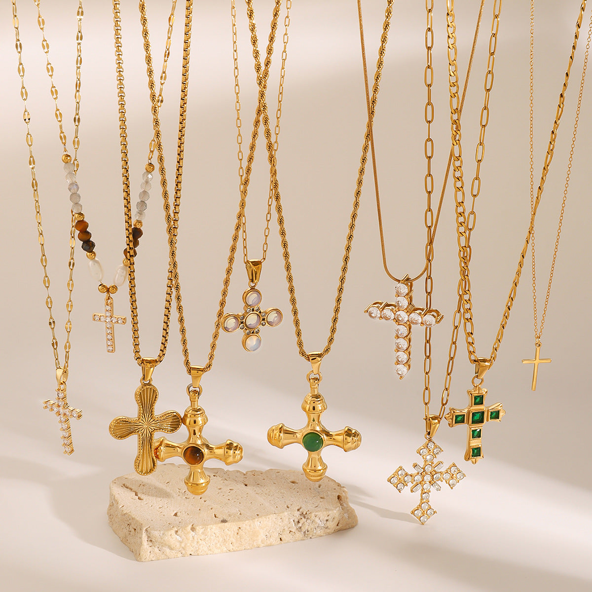 Gold Cross Necklace Set - Multi-Style Vintage Religious Statement Necklaces with Gemstones & CZ for Women