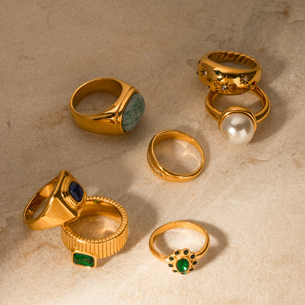 18k Gold Tone Ring Set - Emerald/Sapphire/Pearl/Star Designs | INS-Style Stackable Daily/Brunch Finger Jewelry for Women