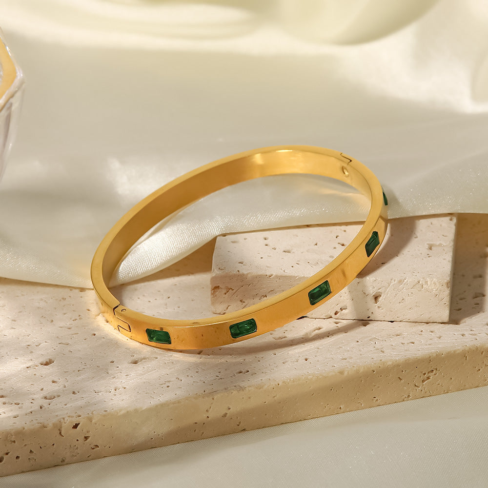 18k Gold Tone Emerald & Crystal Bangle Set - Sleek Striped Designs | INS-Style Stackable Daily/Brunch Wrist Jewelry for Women