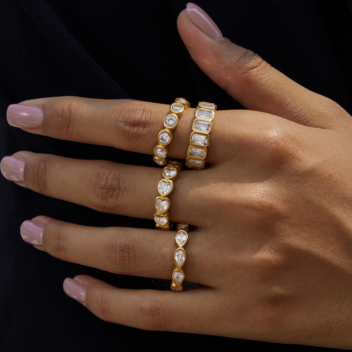 Gold Crystal Ring Set - Teardrop/Square/Heart/Circle Accents | 18k Gold Tone INS-Style Stackable Daily/Brunch Finger Jewelry for Women