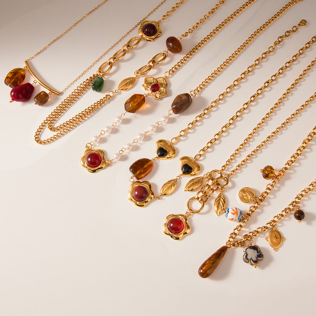 Gold Layered Retro Gem Necklace Set - Pearl/Heart/Leaf/Coin Charms | Vintage Luxury Statement Jewelry for Women (Daily/Party Wear)