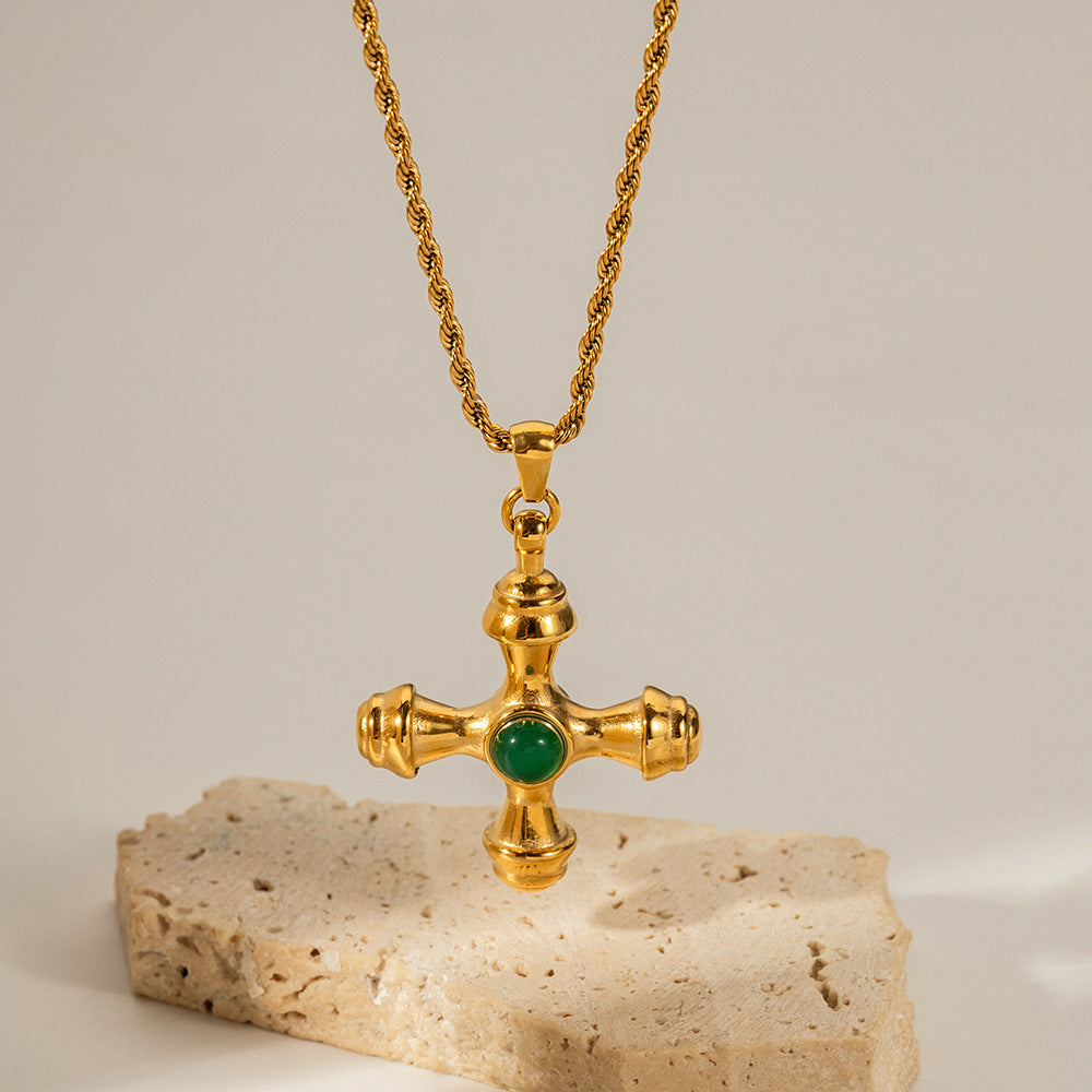 Gold Cross Pendant Necklace Set - Green Agate/Amber Stones | 18k Gold Tone INS-Style Daily/Brunch Neck Jewelry for Women