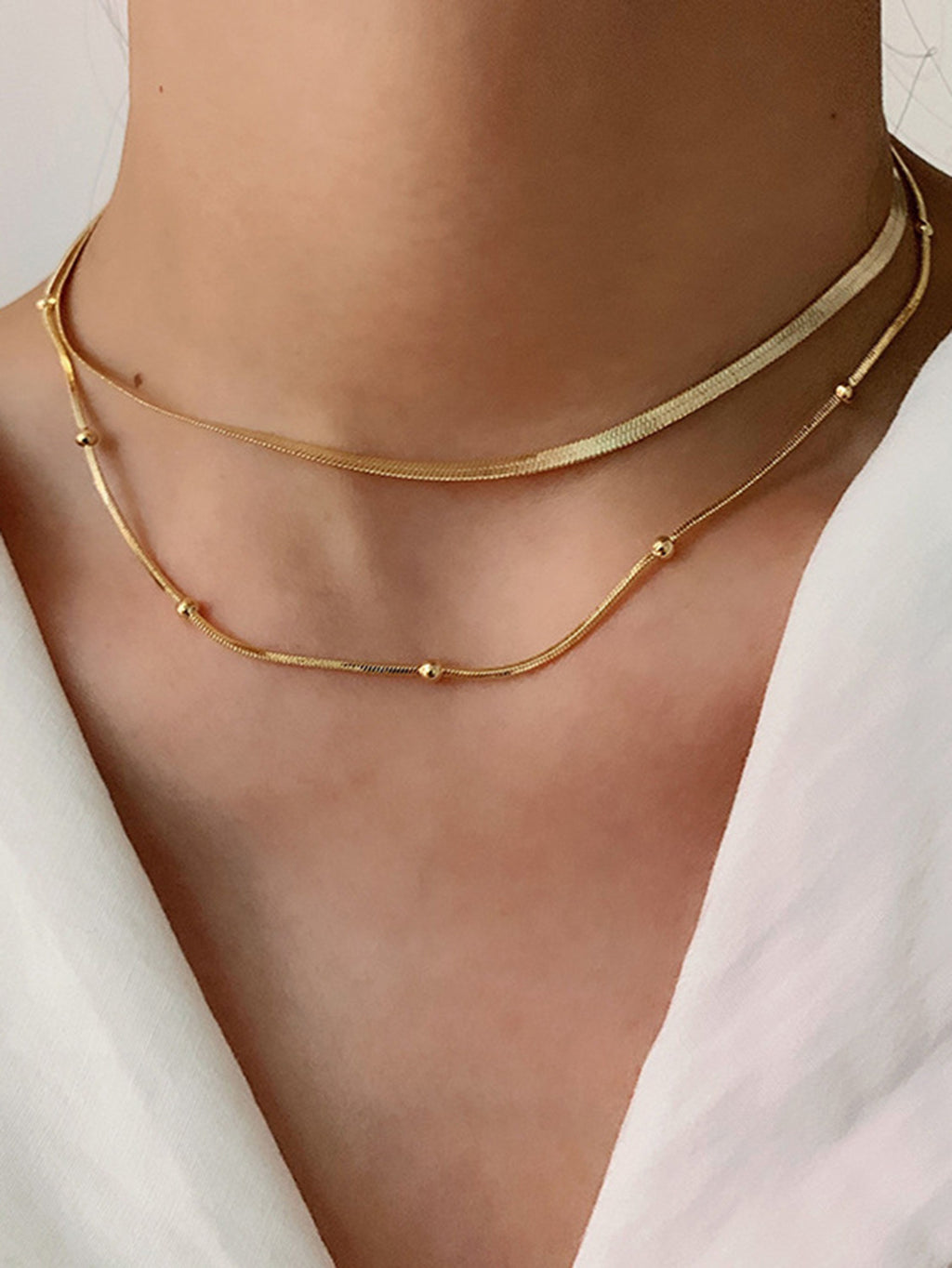 Gold Double-Layer Choker Necklace Set - Snake Chain & Beaded Detail | Modern Minimalist Daily/Brunch Neck Jewelry for Women (Glossy Gold Layered Style)