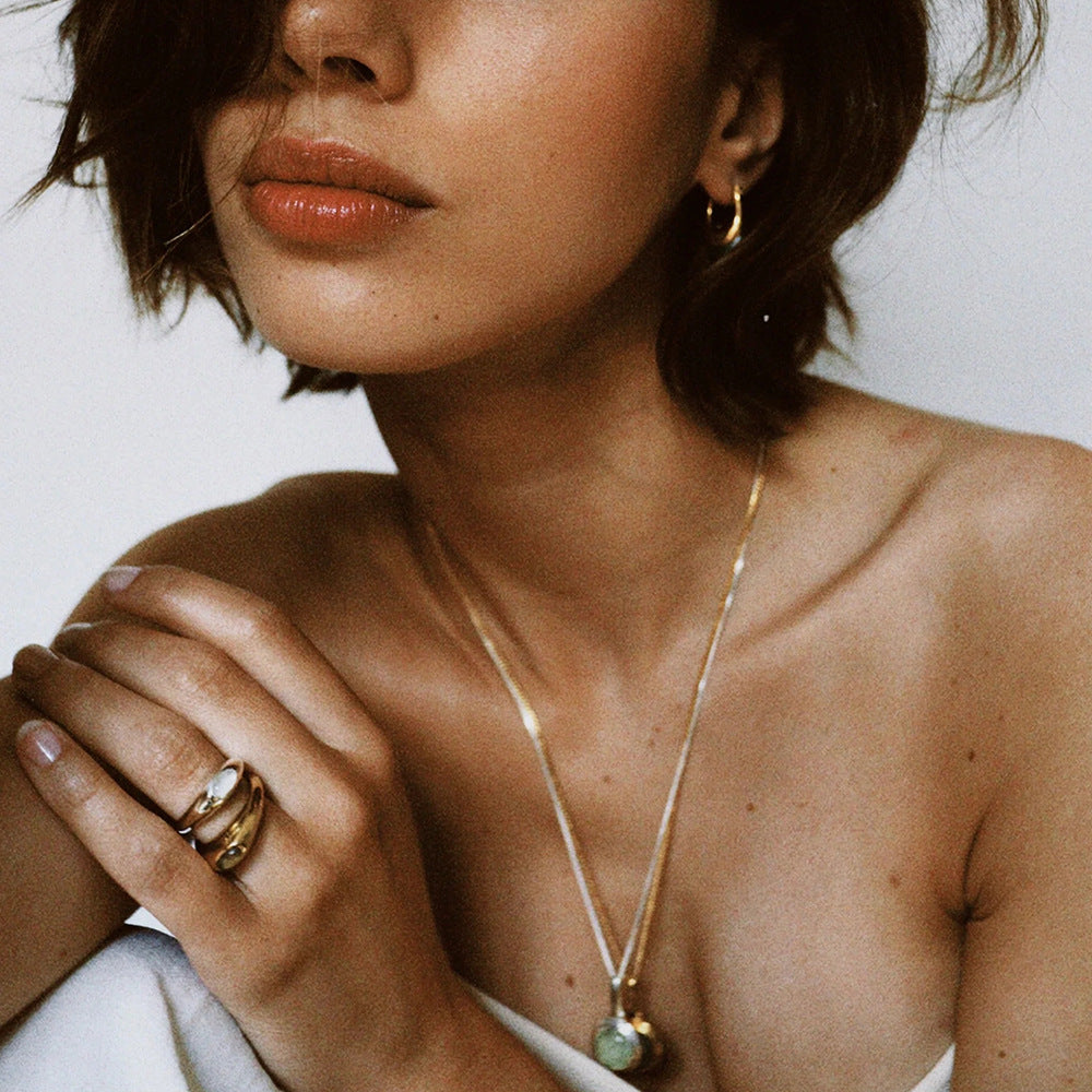 Gold & Silver Tone Gemstone Ring Set - Translucent Oval Stones | 18k INS-Style Minimalist Daily/Brunch Finger Jewelry for Women