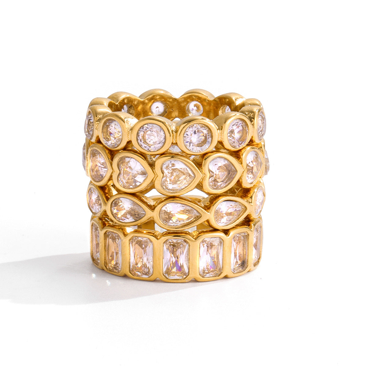 Gold Crystal Ring Set - Teardrop/Square/Heart/Circle Accents | 18k Gold Tone INS-Style Stackable Daily/Brunch Finger Jewelry for Women