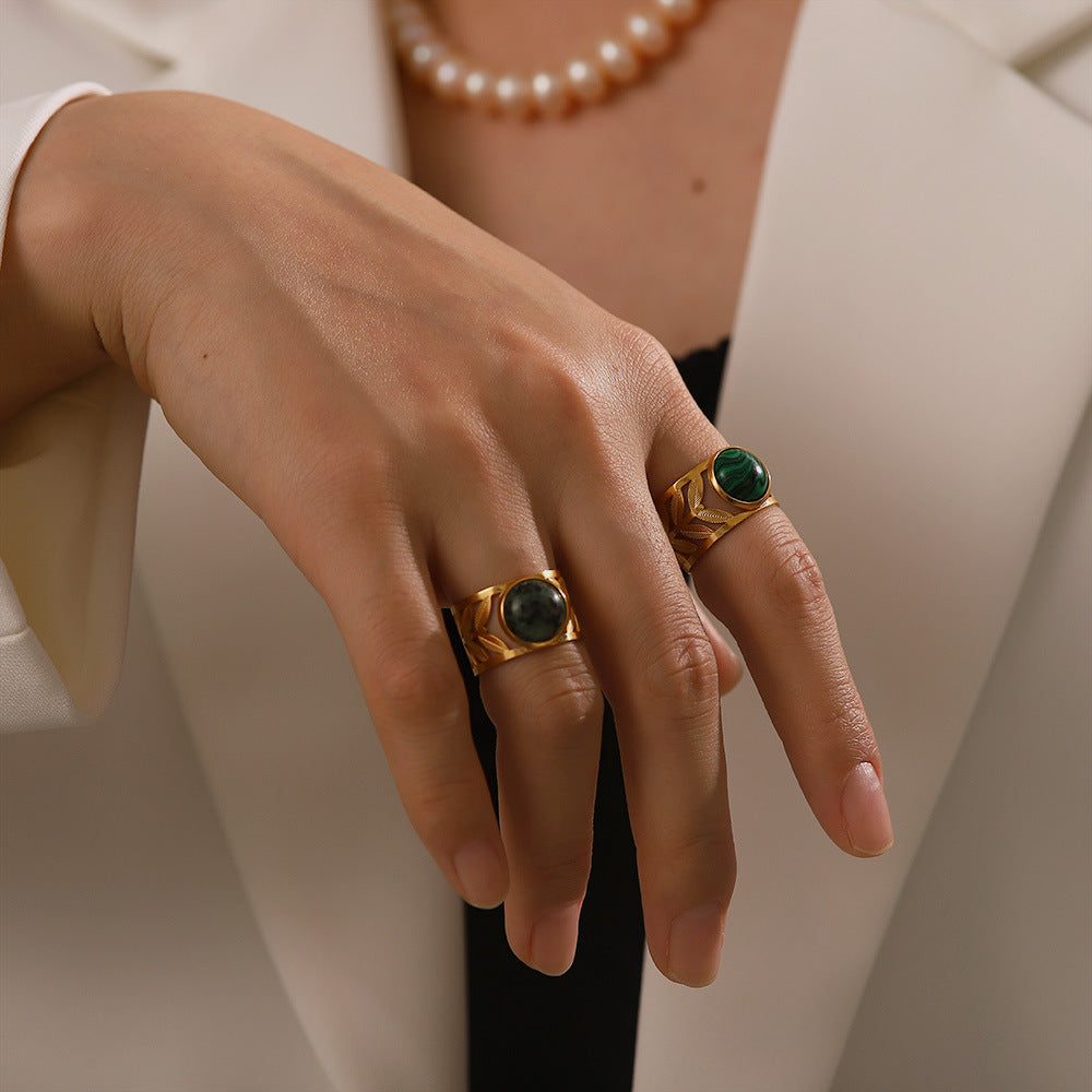 Gold Gemstone Statement Ring Set - Turquoise/Malachite/Tiger Eye | Retro Boho Stackable Daily/Brunch Finger Jewelry for Women