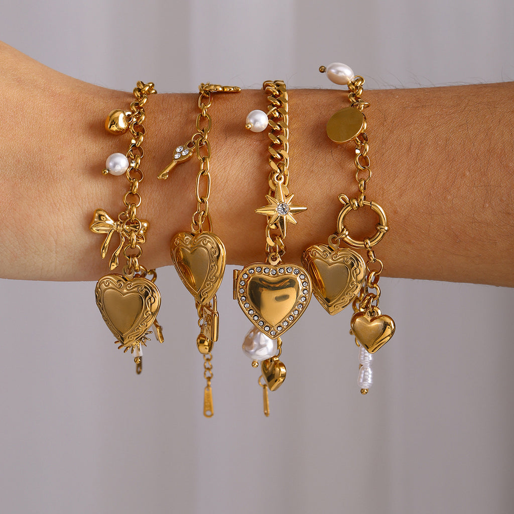18k Gold Tone Heart Pendant Bracelet Set - Pearl/Star/Bow Charms | INS-Style Stackable Daily/Brunch Wrist Jewelry for Women