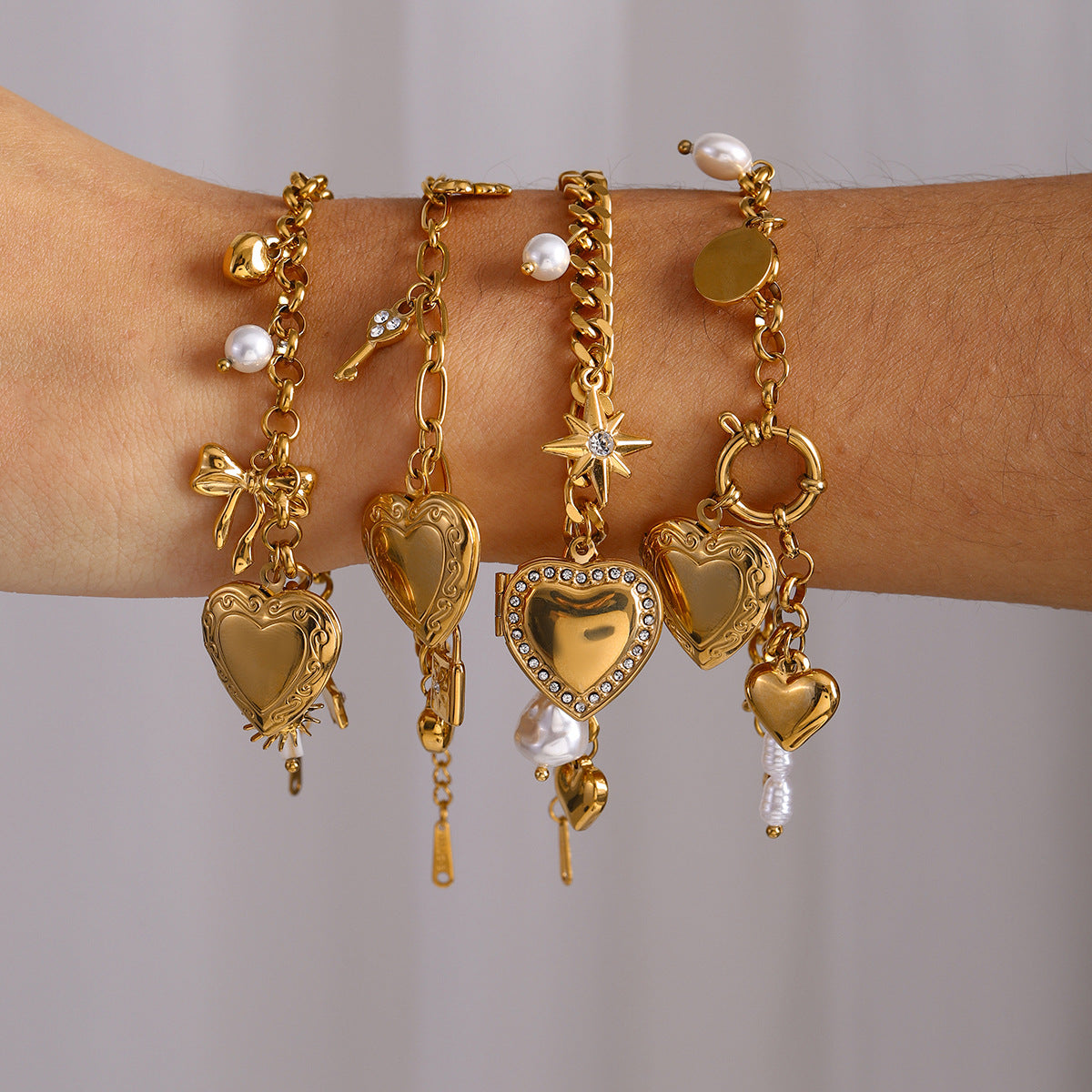 18k Gold Tone Heart Pendant Bracelet Set - Pearl/Star/Bow Charms | INS-Style Stackable Daily/Brunch Wrist Jewelry for Women