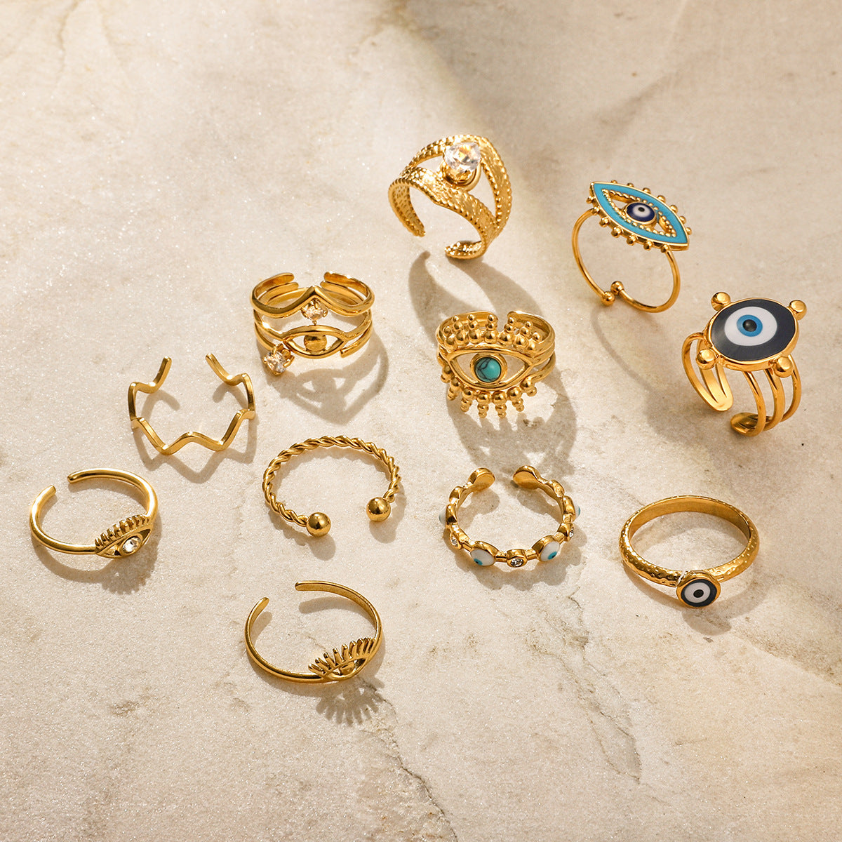 18k Gold Tone Evil Eye Ring Set - Crystal/Colorful Eye Designs | INS-Style Stackable Daily/Brunch Finger Jewelry for Women