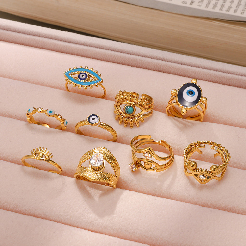 18k Gold Tone Evil Eye Ring Set - Crystal/Colorful Eye Designs | INS-Style Stackable Daily/Brunch Finger Jewelry for Women