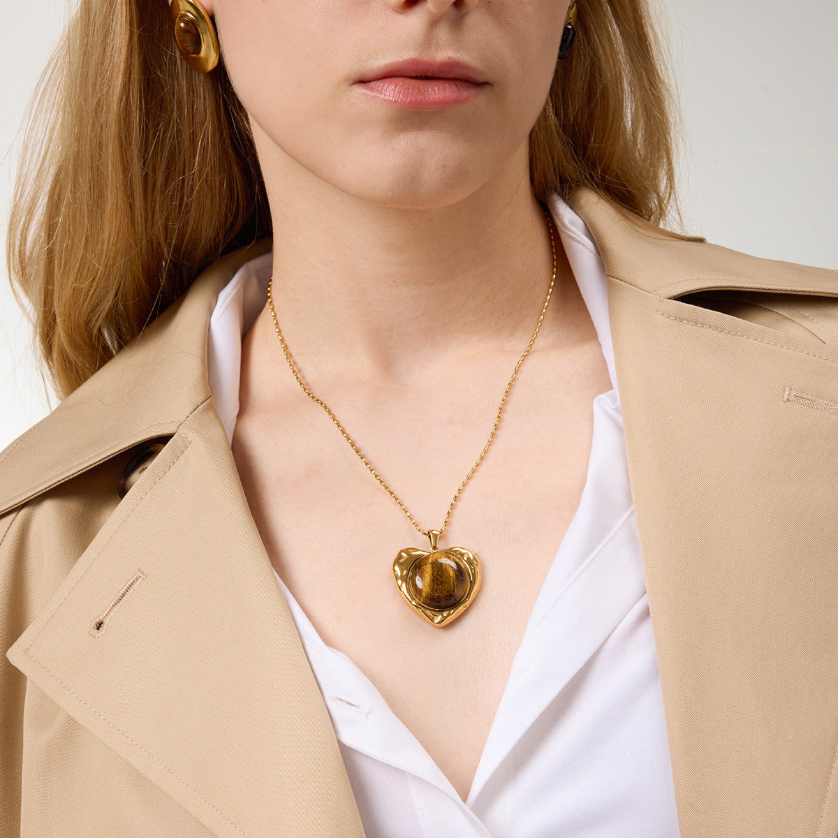 Gold Animal Print Heart Pendant Necklace Set - Marble Tiger Eye Statement Jewelry for Women